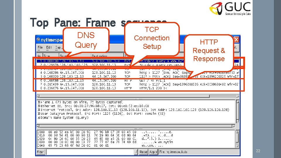 Top Pane: Frame sequence DNS Query TCP Connection Setup HTTP Request & Response 22