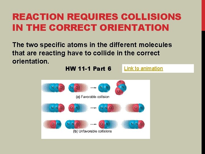 REACTION REQUIRES COLLISIONS IN THE CORRECT ORIENTATION The two specific atoms in the different REACTION REQUIRES COLLISIONS IN THE CORRECT ORIENTATION The two specific atoms in the different