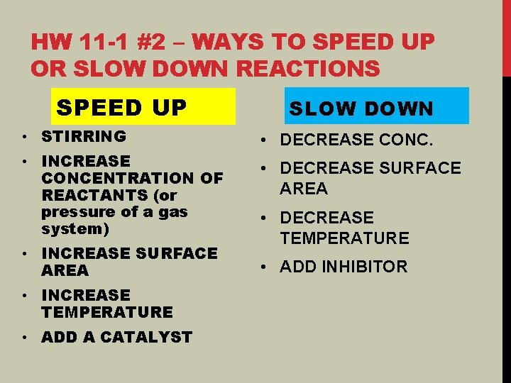 HW 11 -1 #2 – WAYS TO SPEED UP OR SLOW DOWN REACTIONS SPEED HW 11 -1 #2 – WAYS TO SPEED UP OR SLOW DOWN REACTIONS SPEED