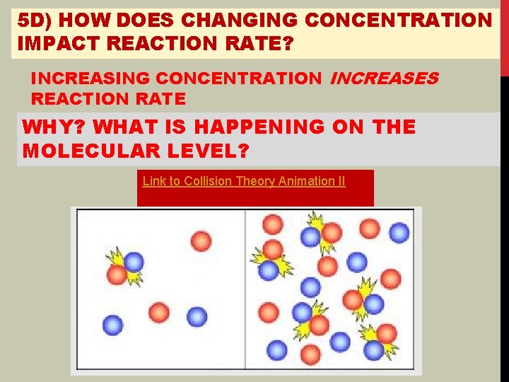 5 D) HOW DOES CHANGING CONCENTRATION IMPACT REACTION RATE? INCREASING CONCENTRATION INCREASES REACTION RATE 5 D) HOW DOES CHANGING CONCENTRATION IMPACT REACTION RATE? INCREASING CONCENTRATION INCREASES REACTION RATE