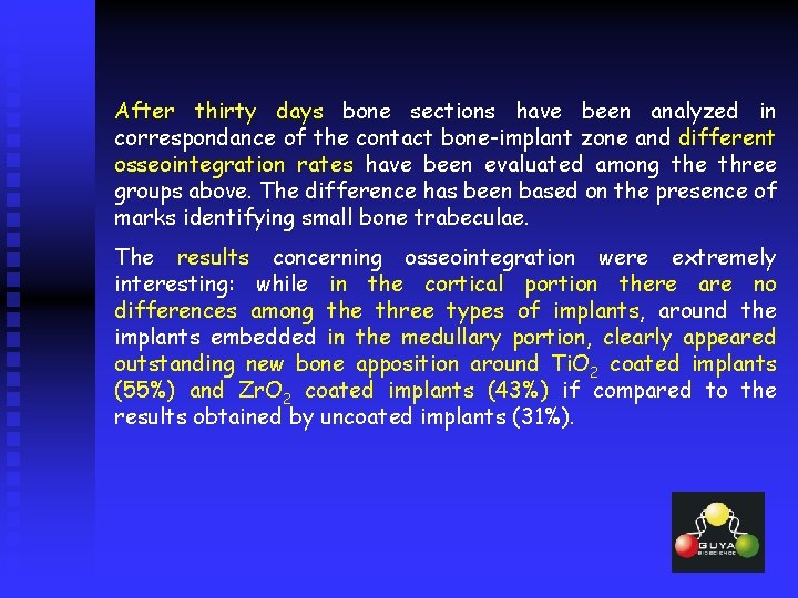 After thirty days bone sections have been analyzed in correspondance of the contact bone-implant