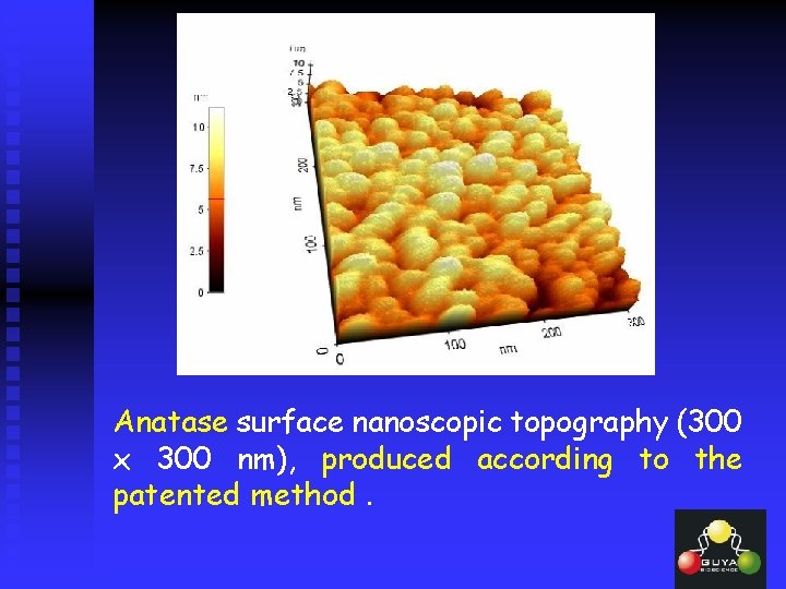 Anatase surface nanoscopic topography (300 x 300 nm), produced according to the patented method.