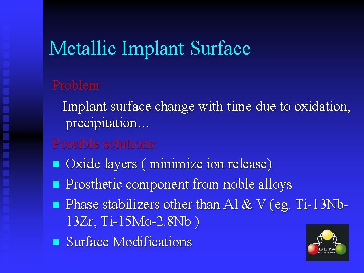 Metallic Implant Surface Problem: Implant surface change with time due to oxidation, precipitation… Possible
