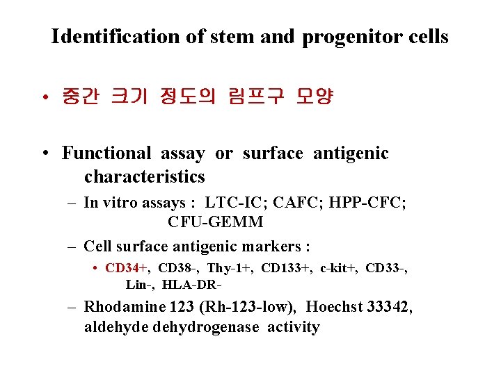 Identification of stem and progenitor cells • 중간 크기 정도의 림프구 모양 • Functional Identification of stem and progenitor cells • 중간 크기 정도의 림프구 모양 • Functional