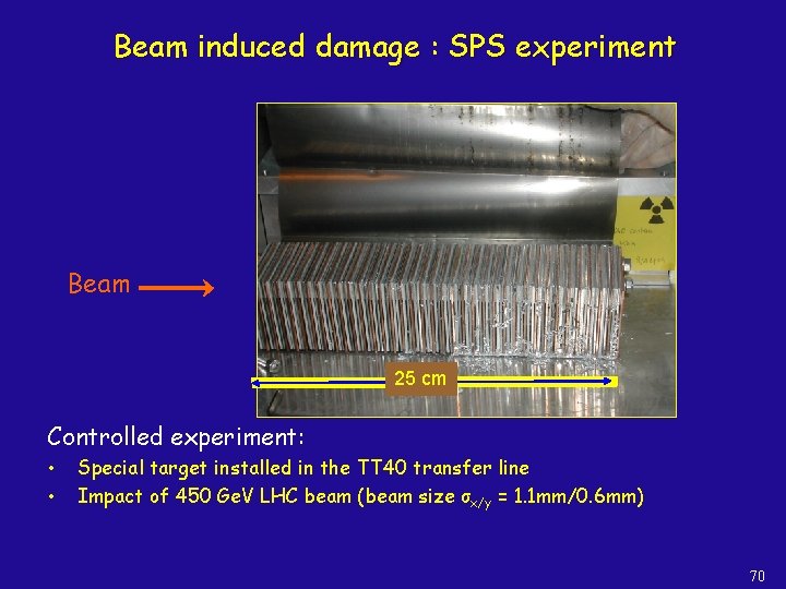 Beam induced damage : SPS experiment Beam 25 cm Controlled experiment: • • Special