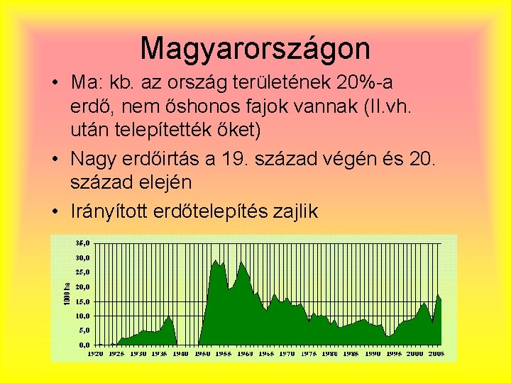 Magyarországon • Ma: kb. az ország területének 20%-a erdő, nem őshonos fajok vannak (II.