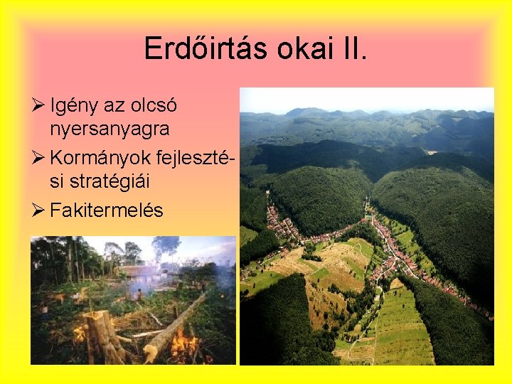 Erdőirtás okai II. Ø Igény az olcsó nyersanyagra Ø Kormányok fejlesztési stratégiái Ø Fakitermelés