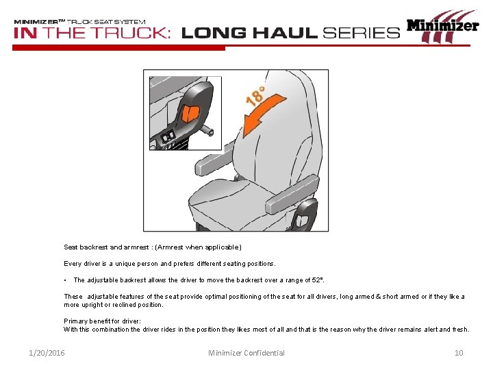 Seat backrest and armrest : (Armrest when applicable) Every driver is a unique person