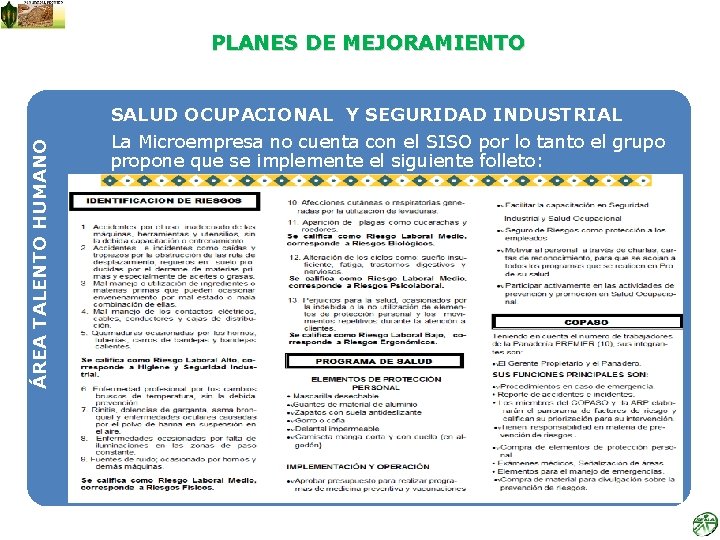 PLANES DE MEJORAMIENTO ÁREA TALENTO HUMANO SALUD OCUPACIONAL Y SEGURIDAD INDUSTRIAL La Microempresa no