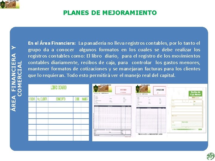 ÁREA FINANCIERA Y COMERCIAL PLANES DE MEJORAMIENTO En el Área Financiera: La panadería no