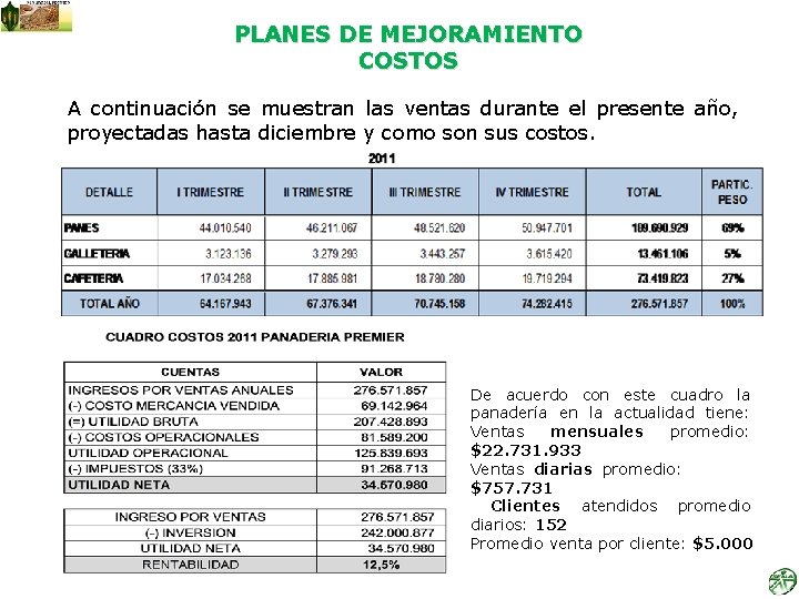 PLANES DE MEJORAMIENTO COSTOS A continuación se muestran las ventas durante el presente año,