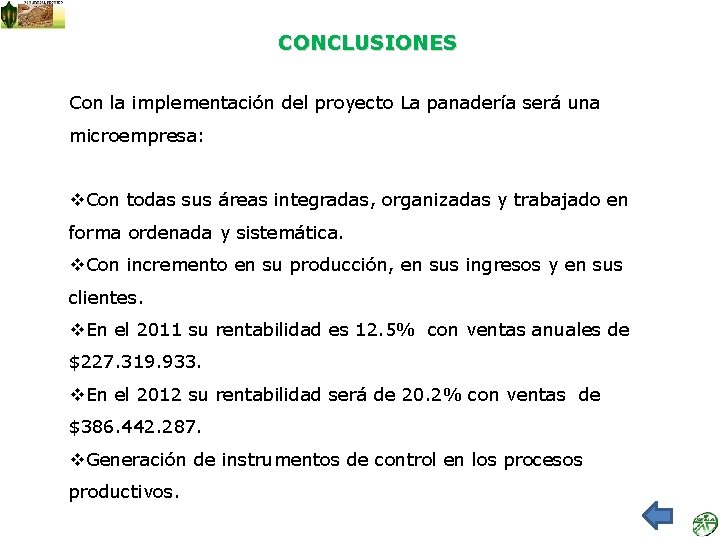 CONCLUSIONES Con la implementación del proyecto La panadería será una microempresa: v. Con todas