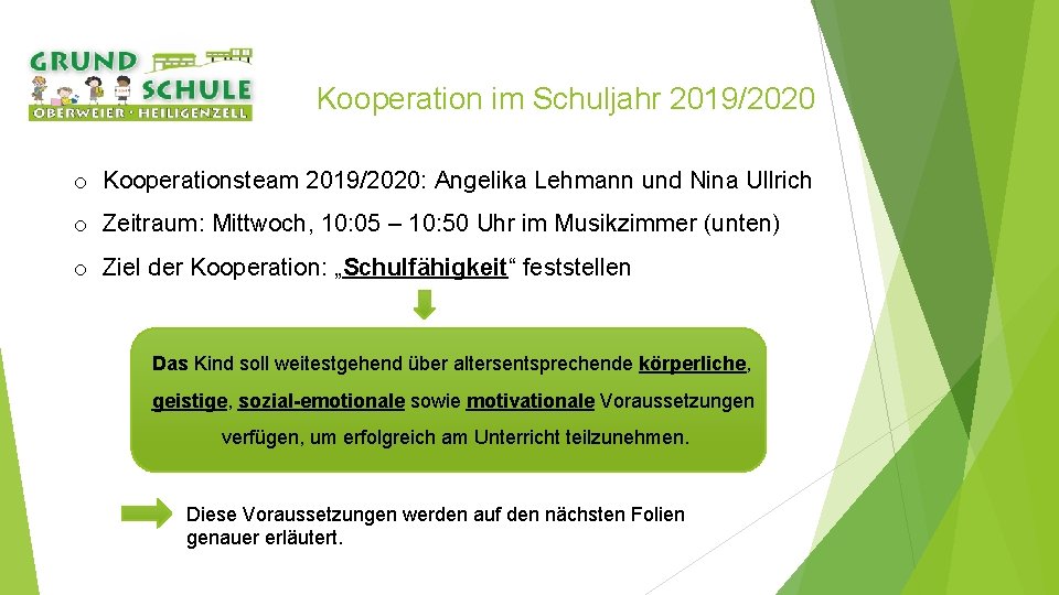 Kooperation im Schuljahr 2019/2020 o Kooperationsteam 2019/2020: Angelika Lehmann und Nina Ullrich o Zeitraum: