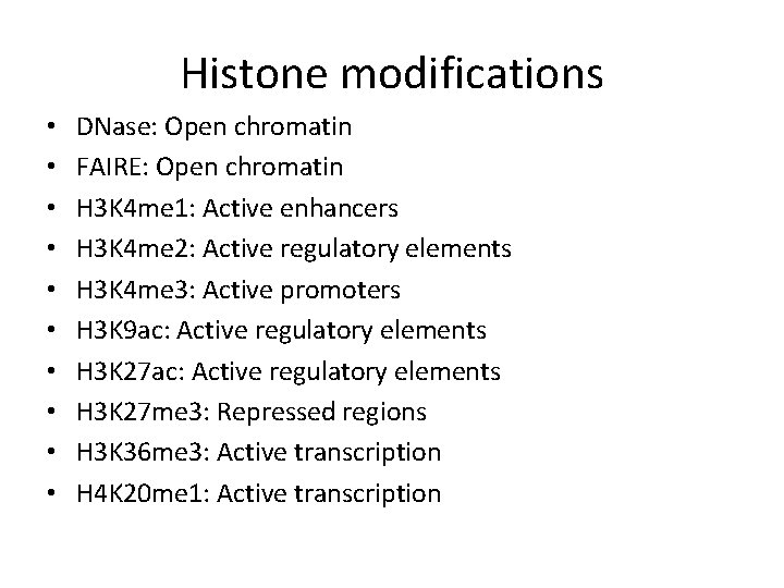 Histone modifications • • • DNase: Open chromatin FAIRE: Open chromatin H 3 K