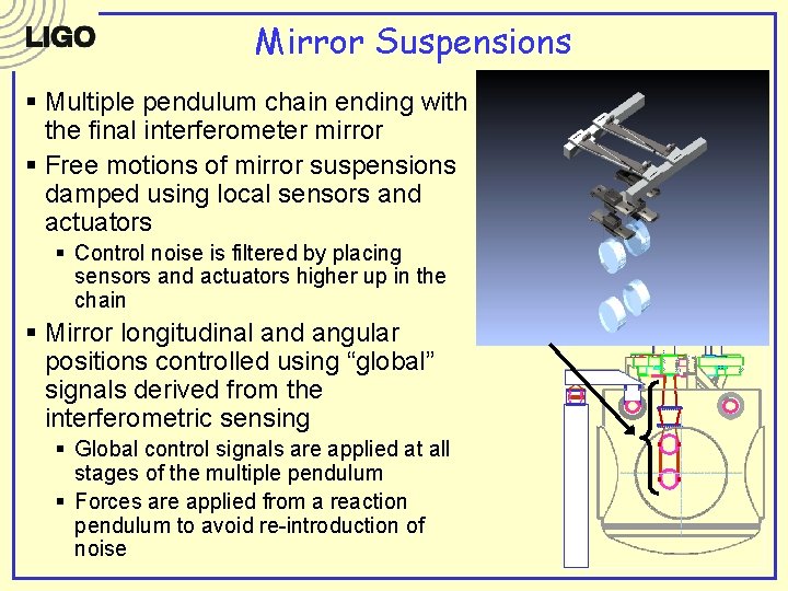 Mirror Suspensions § Multiple pendulum chain ending with the final interferometer mirror § Free