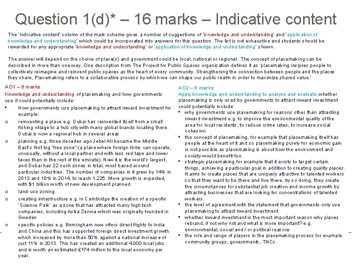 Question 1(d)* – 16 marks – Indicative content The ‘Indicative content’ column of the Question 1(d)* – 16 marks – Indicative content The ‘Indicative content’ column of the