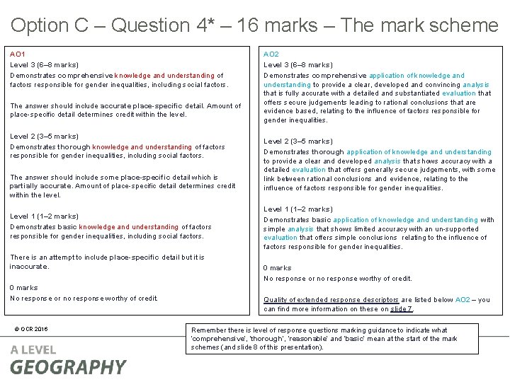 Option C – Question 4* – 16 marks – The mark scheme AO 1 Option C – Question 4* – 16 marks – The mark scheme AO 1