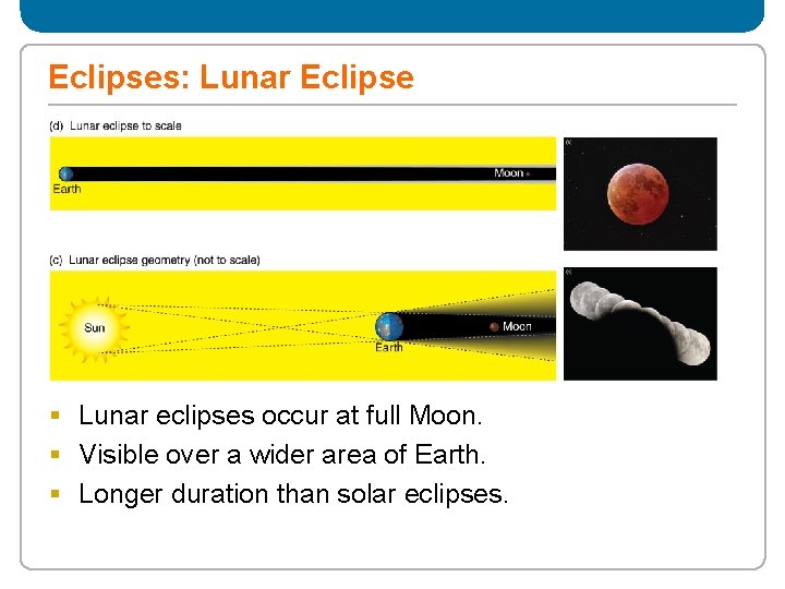 Eclipses: Lunar Eclipse § Lunar eclipses occur at full Moon. § Visible over a