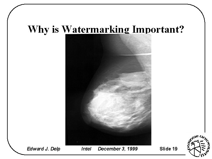 Why is Watermarking Important? Edward J. Delp Intel December 3, 1999 Slide 19 