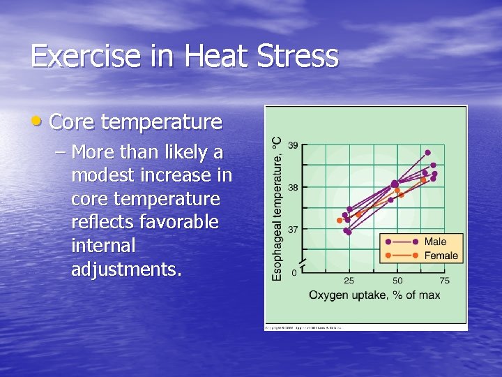 Exercise in Heat Stress • Core temperature – More than likely a modest increase