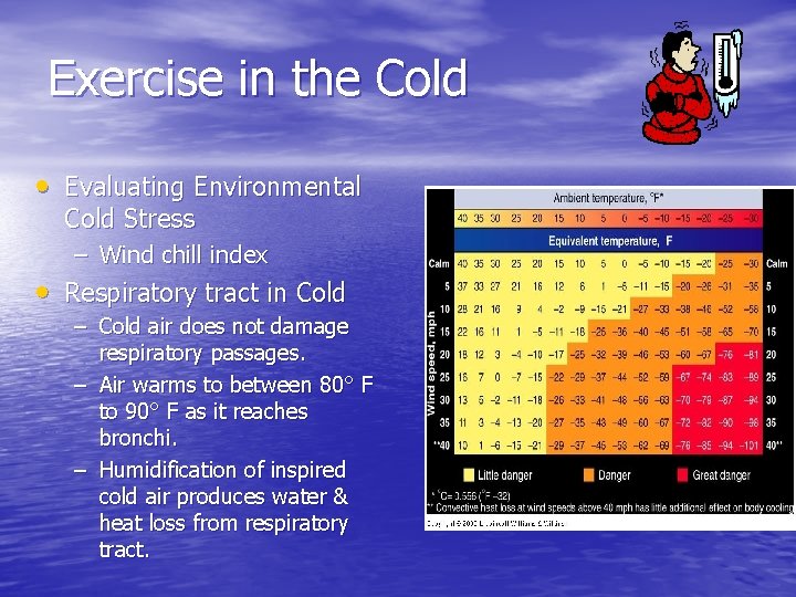 Exercise in the Cold • Evaluating Environmental Cold Stress – Wind chill index •