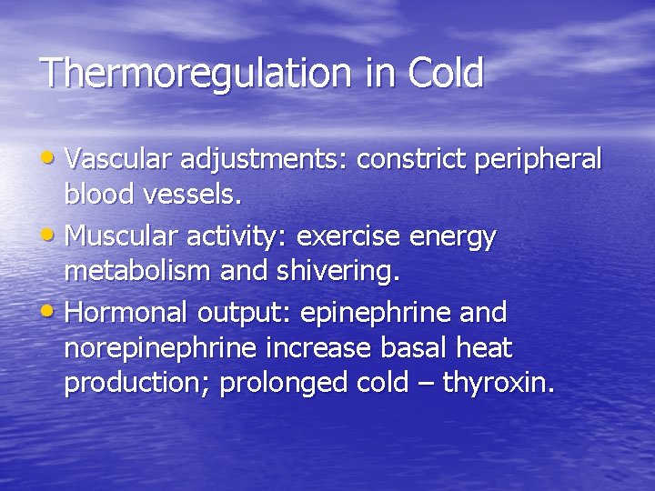 Thermoregulation in Cold • Vascular adjustments: constrict peripheral blood vessels. • Muscular activity: exercise