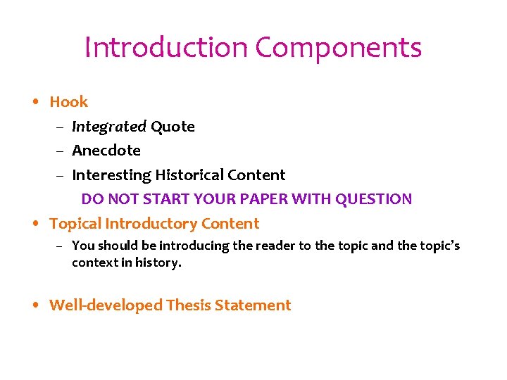 Introduction Components • Hook – Integrated Quote – Anecdote – Interesting Historical Content DO