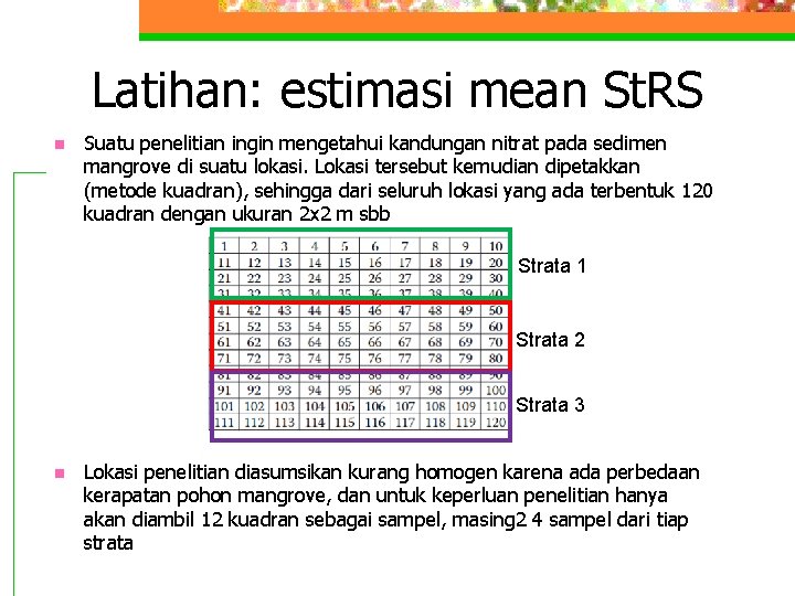 Latihan: estimasi mean St. RS n Suatu penelitian ingin mengetahui kandungan nitrat pada sedimen