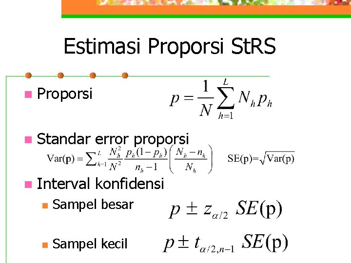 Estimasi Proporsi St. RS n Proporsi n Standar error proporsi n Interval konfidensi n