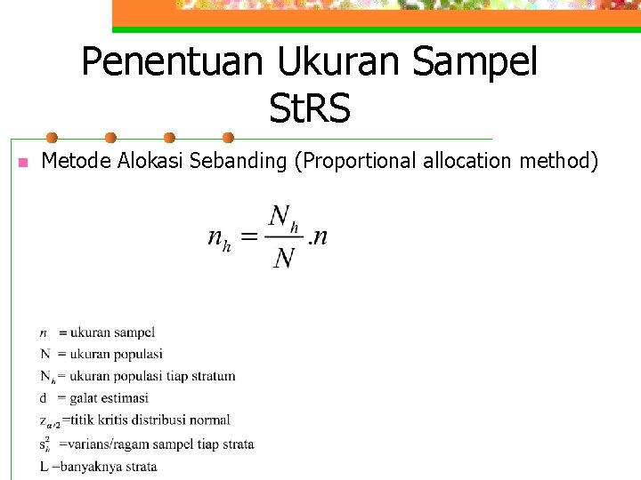 Penentuan Ukuran Sampel St. RS n Metode Alokasi Sebanding (Proportional allocation method) 