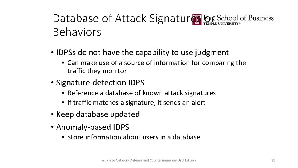 Database of Attack Signatures or Behaviors • IDPSs do not have the capability to