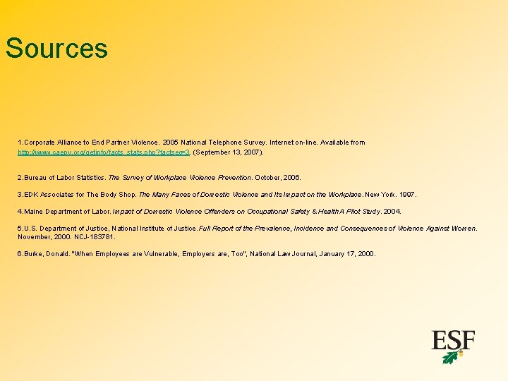 Sources 1. Corporate Alliance to End Partner Violence. 2005 National Telephone Survey. Internet on-line.