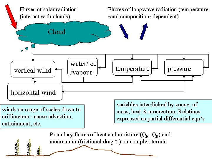 Fluxes of solar radiation (interact with clouds) Fluxes of longwave radiation (temperature -and composition-