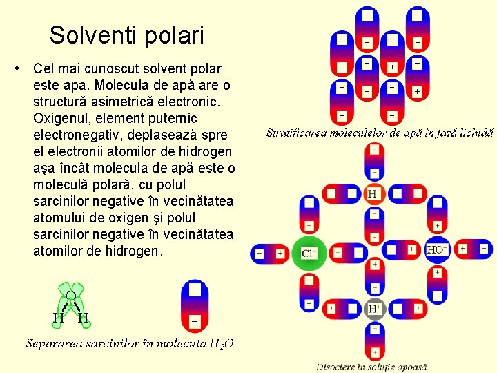 Solventi polari • Cel mai cunoscut solvent polar este apa. Molecula de apă are