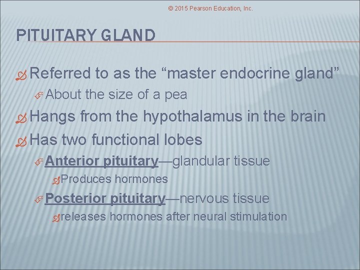 © 2015 Pearson Education, Inc. PITUITARY GLAND Referred About to as the “master endocrine