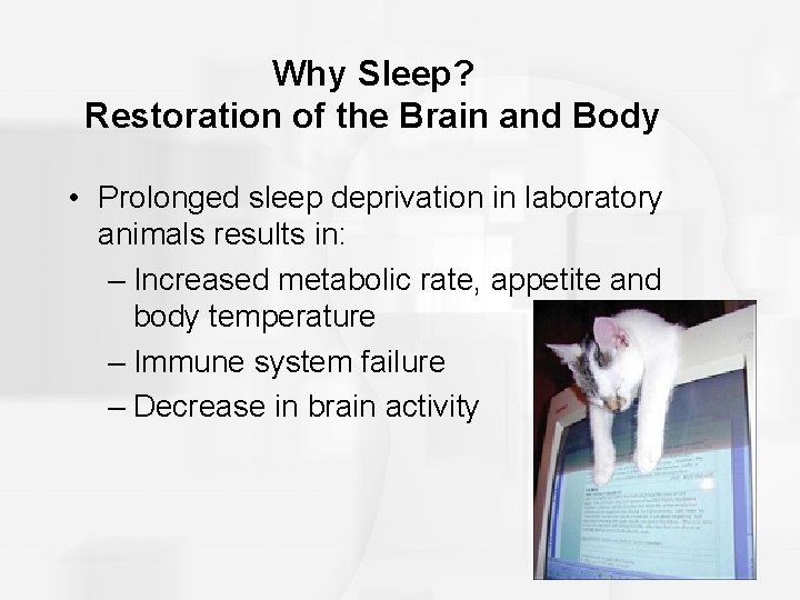 Why Sleep? Restoration of the Brain and Body • Prolonged sleep deprivation in laboratory