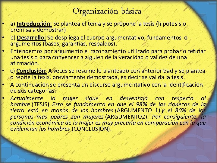 Organización básica • a) Introducción: Se plantea el tema y se propone la tesis