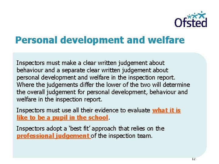 Personal development and welfare Inspectors must make a clear written judgement about behaviour and