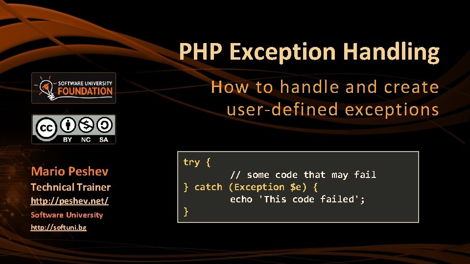 PHP Exception Handling How to handle and create user-defined exceptions Mario Peshev Technical Trainer
