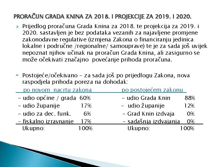PRORAČUN GRADA KNINA ZA 2018. I PROJEKCIJE ZA 2019. I 2020. Ø Prijedlog proračuna