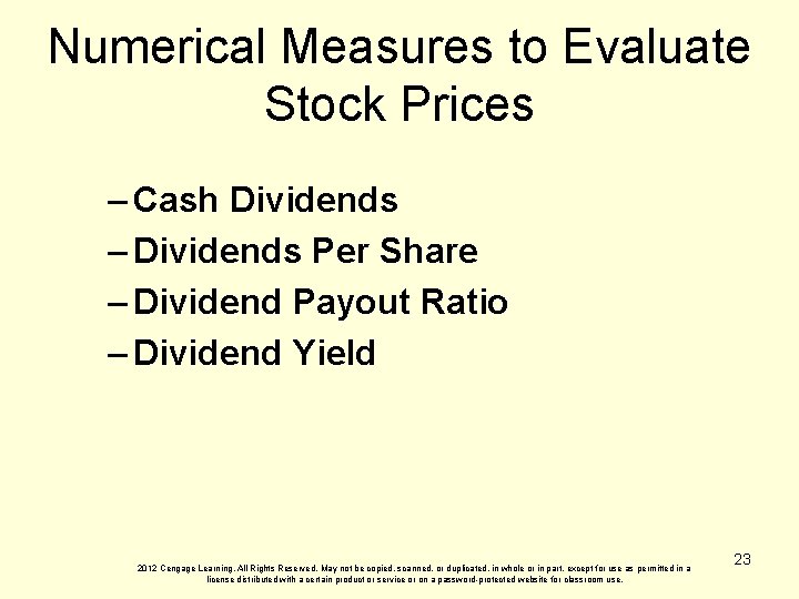 Numerical Measures to Evaluate Stock Prices – Cash Dividends – Dividends Per Share –
