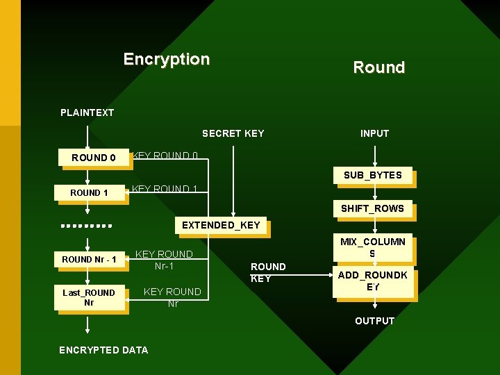 Encryption Round PLAINTEXT SECRET KEY ROUND 0 INPUT KEY ROUND 0 SUB_BYTES SUB_ ROUND