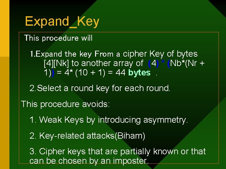 Expand_Key This procedure will 1. Expand the key From a cipher Key of bytes