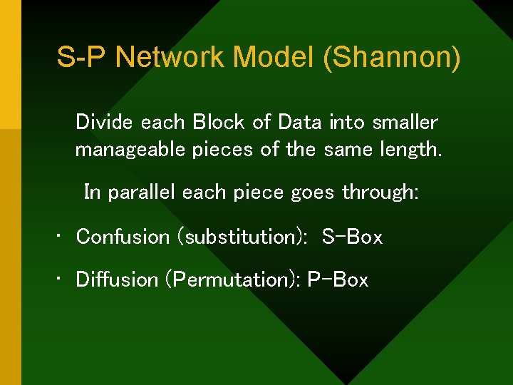 S-P Network Model (Shannon) Divide each Block of Data into smaller manageable pieces of