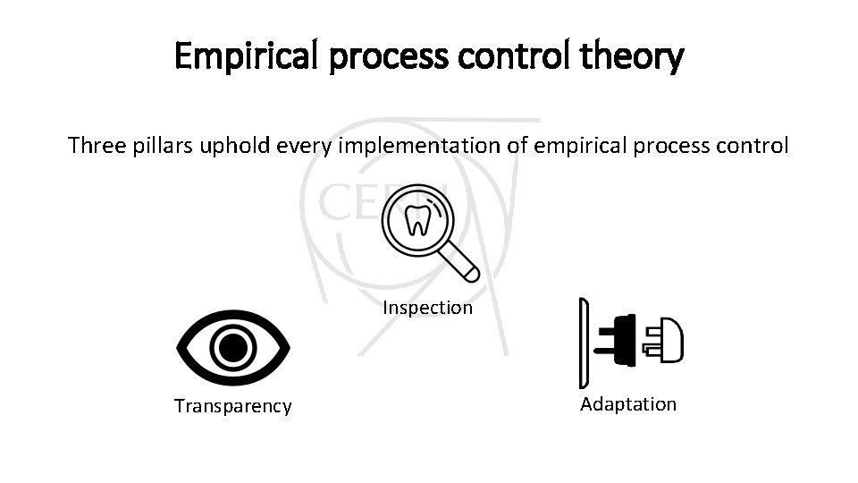 Empirical process control theory Three pillars uphold every implementation of empirical process control Inspection Empirical process control theory Three pillars uphold every implementation of empirical process control Inspection