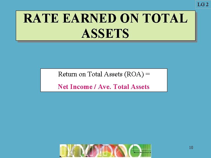 LG 2 RATE EARNED ON TOTAL ASSETS Return on Total Assets (ROA) = Net