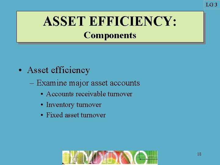 LG 3 ASSET EFFICIENCY: Components • Asset efficiency – Examine major asset accounts •