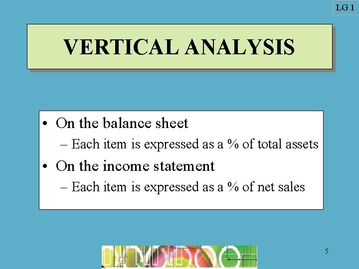 LG 1 VERTICAL ANALYSIS • On the balance sheet – Each item is expressed