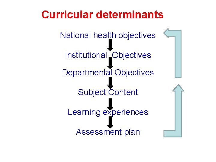 Curricular determinants National health objectives Institutional Objectives Departmental Objectives Subject Content Learning experiences Assessment