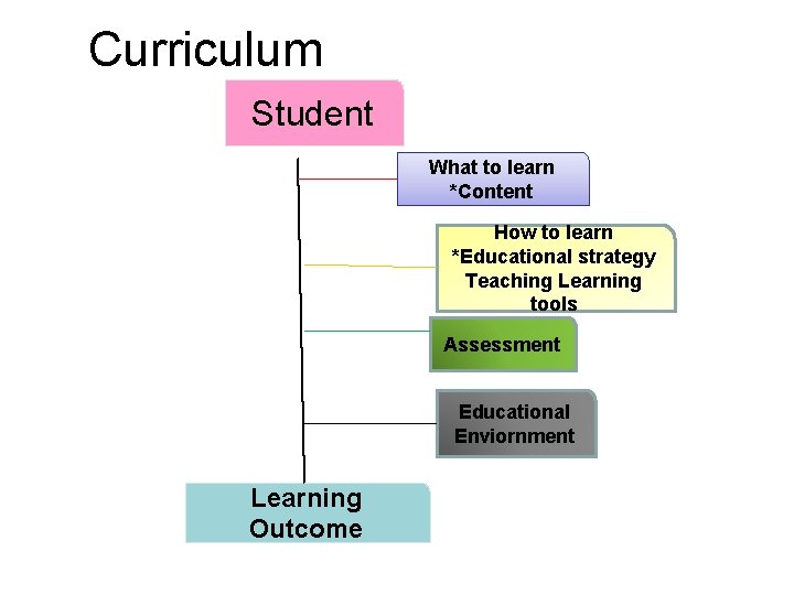 Curriculum Student What to learn *Content How to learn *Educational strategy Teaching Learning tools